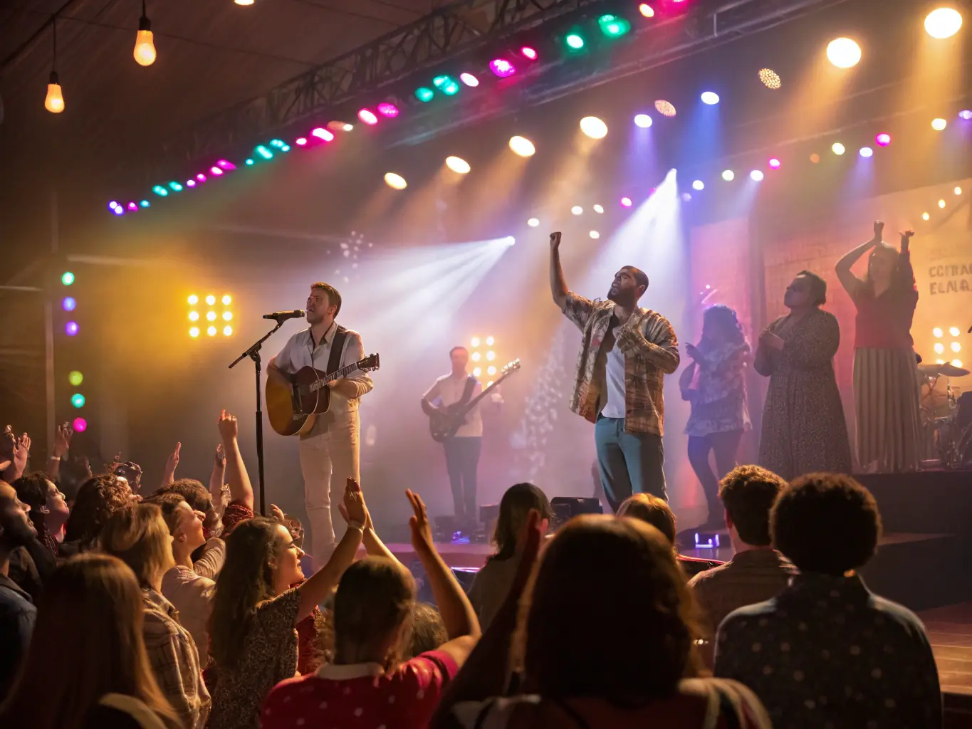 A vibrant photograph capturing a live musical performance at LACAV, showcasing musicians on stage with an engaged audience in the background, highlighting the energy and community spirit of the event.