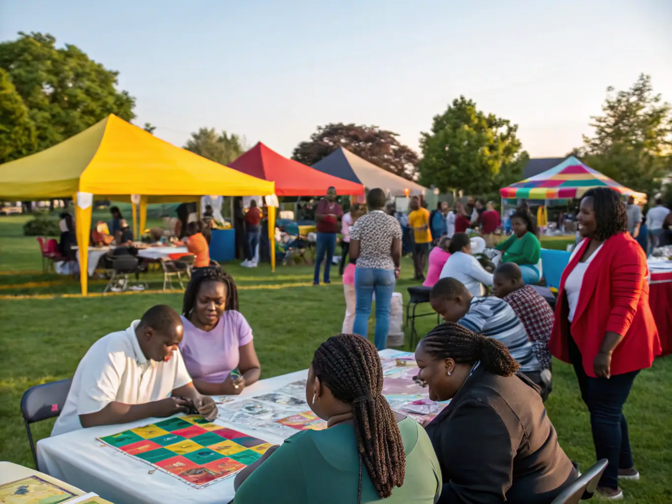 A photograph of a community event organized by LACAV, showing people of all ages interacting and enjoying themselves, with the LACAV logo subtly visible in the background, representing the center's role in fostering community engagement.