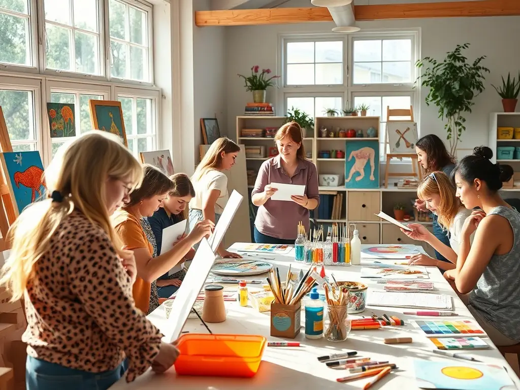 A photo of a workshop in progress with participants engaging in artistic activities, highlighting LACAV's commitment to education.